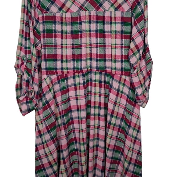 Torrid Dress Size 3 Plus Size 3X Pink Green Blue Pliad Roll Sleeve Midi Zip - Picture 2 of 16